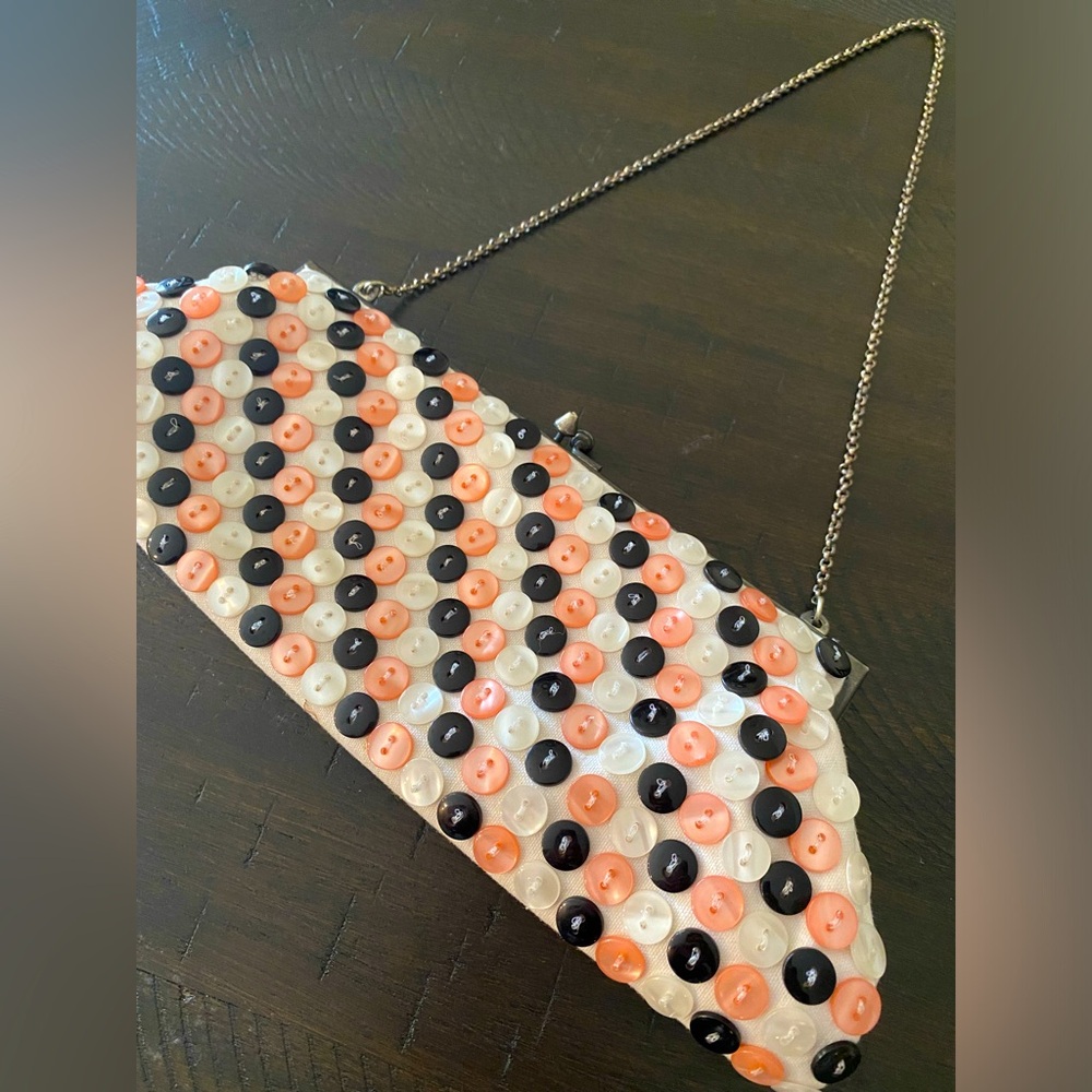 VTG White, Pink & Black Buttons Embellished Clutch Wristlet Purse Handbag